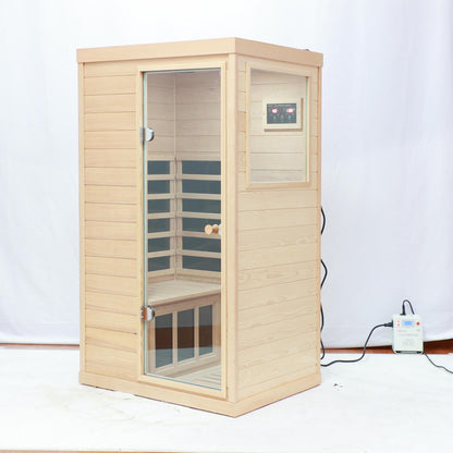 Xmatch Far Infrared Wooden Sauna Room, 1-Person Size Right Bench, with 1050W, 6 Heating Plates, 10-15 Minutes Pre-Warm up