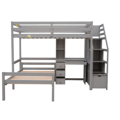 Harper & Bright Designs Twin Loft Bed with Storage Stairs, Desk and Removable Bottom Bed – Grey - WoodArtSupply