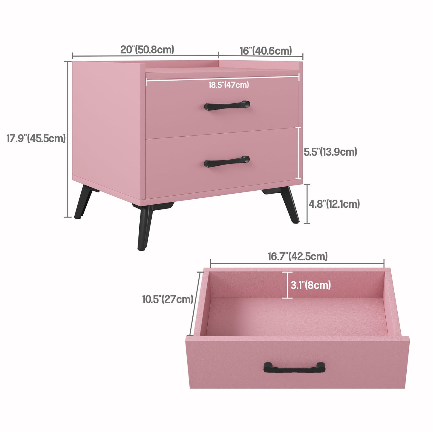 Youmumeub Nightstand with 2 Drawers: Pink Besides - Table for Bedroom Modern End Table for Bedroom Small Caninet with Solid Metal Legs