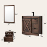 chartustriable 36 Inch Bathroom Vanity with Sink & Faucet & Mirror, Farmhouse Bathroom Vanity Cabinet Set with Sliding Barn Door & Drawers, Small Single Bath Storage Vanity Sink, Brown chartustriable
