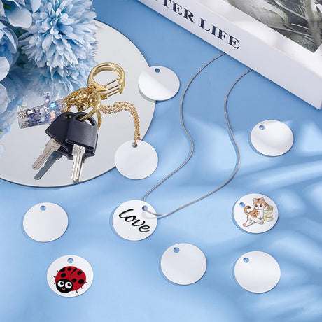 BENECREAT 30PCS Flat Round Sublimation Aluminum Blank, 1.18 Inch Aluminum Stamping Tag Blank Dog Tag Double Sided Transfer Tags for DIY Keychains, Tags Project BENECREAT