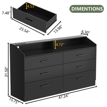 6 Drawers Dresser, Dresser for Bedroom with Power Outlet, Modern Chest of Drawers with LED Light, Storage Dresser with Open Storage Cubby, Dresser Organizer for Closet, Entryway, Living Room, Black