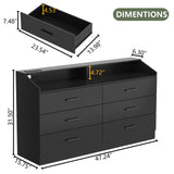 Gyfimoie 6 Drawer Dresser with Charging Station, Dresser for Bedroom with LED Light, Chest of Drawers for Closet, Modern Dressers with Open Storage Cubby, Double Wide Dressers for Living Room (Black) Gyfimoie