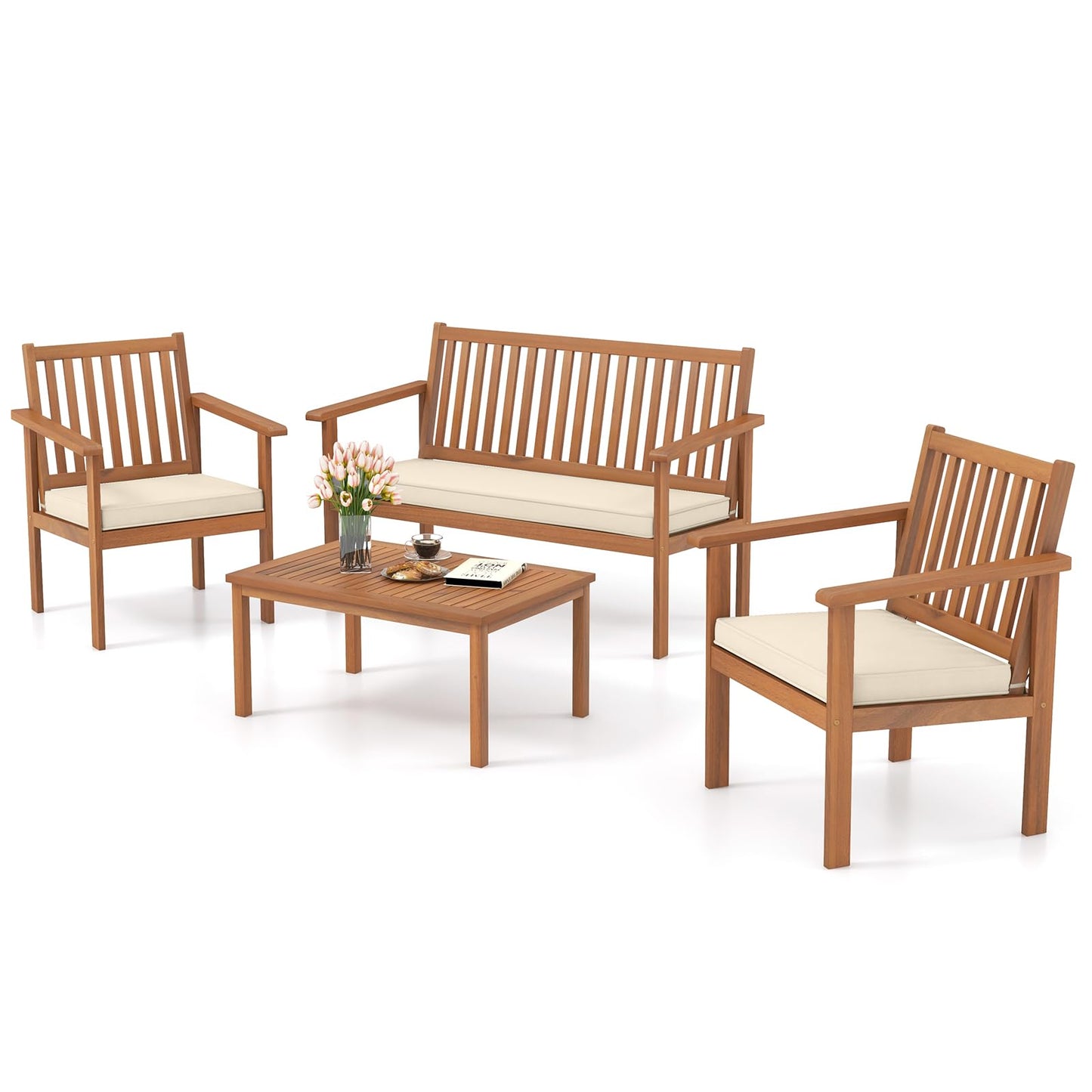 Tangkula 4 Piece Patio Wood Furniture Set, Acacia Wood Sofa Set w/Loveseat, 2 Chairs & Coffee Table, Soft Seat Cushions, Outdoor Wood Furniture Set for Porch, Yard, Balcony (Off White) - WoodArtSupply