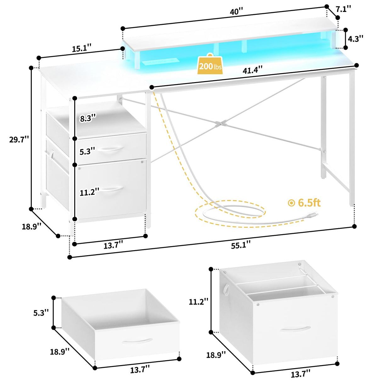 Yoobure White Computer Desk with Drawers, 55.1" Gaming Desk with LED Lights & Power Outlets, Office Desk with Fabric File Cabinets, Gaming Table with Long Monitor Stand, PC Desk with Storage Yoobure