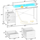 Yoobure White Computer Desk with Drawers, 55.1" Gaming Desk with LED Lights & Power Outlets, Office Desk with Fabric File Cabinets, Gaming Table with Long Monitor Stand, PC Desk with Storage Yoobure
