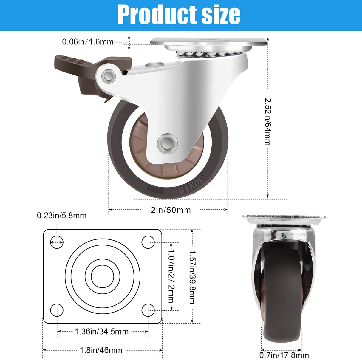 Nefish 2 Inch Swivel Caster Wheels for Furniture Rubber Casters Set of 4 Heavy Duty of 600 Lbs No Noise Locking Plate Castors Safe for Hardwood Floor & Carpet (2 with Brake and 2 Without) Nefish