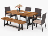MFSTUDIO 6 Pieces Patio Dining Set with 4 Rattan Wicker Chairs,1 Acacia Wood Table and Bench,Outdoor Furniture Set with Removable Cushions for Patio,Garden,Lawn MFSTUDIO
