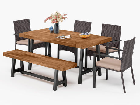 MFSTUDIO 6 Pieces Patio Dining Set with 4 Rattan Wicker Chairs,1 Acacia Wood Table and Bench,Outdoor Furniture Set with Removable Cushions for Patio,Garden,Lawn MFSTUDIO