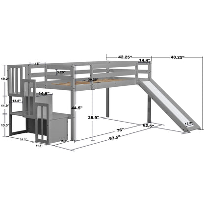 Olela Twin Loft Bed with Stairs and Slide - Grey Low Profile Solid Wood Design - WoodArtSupply