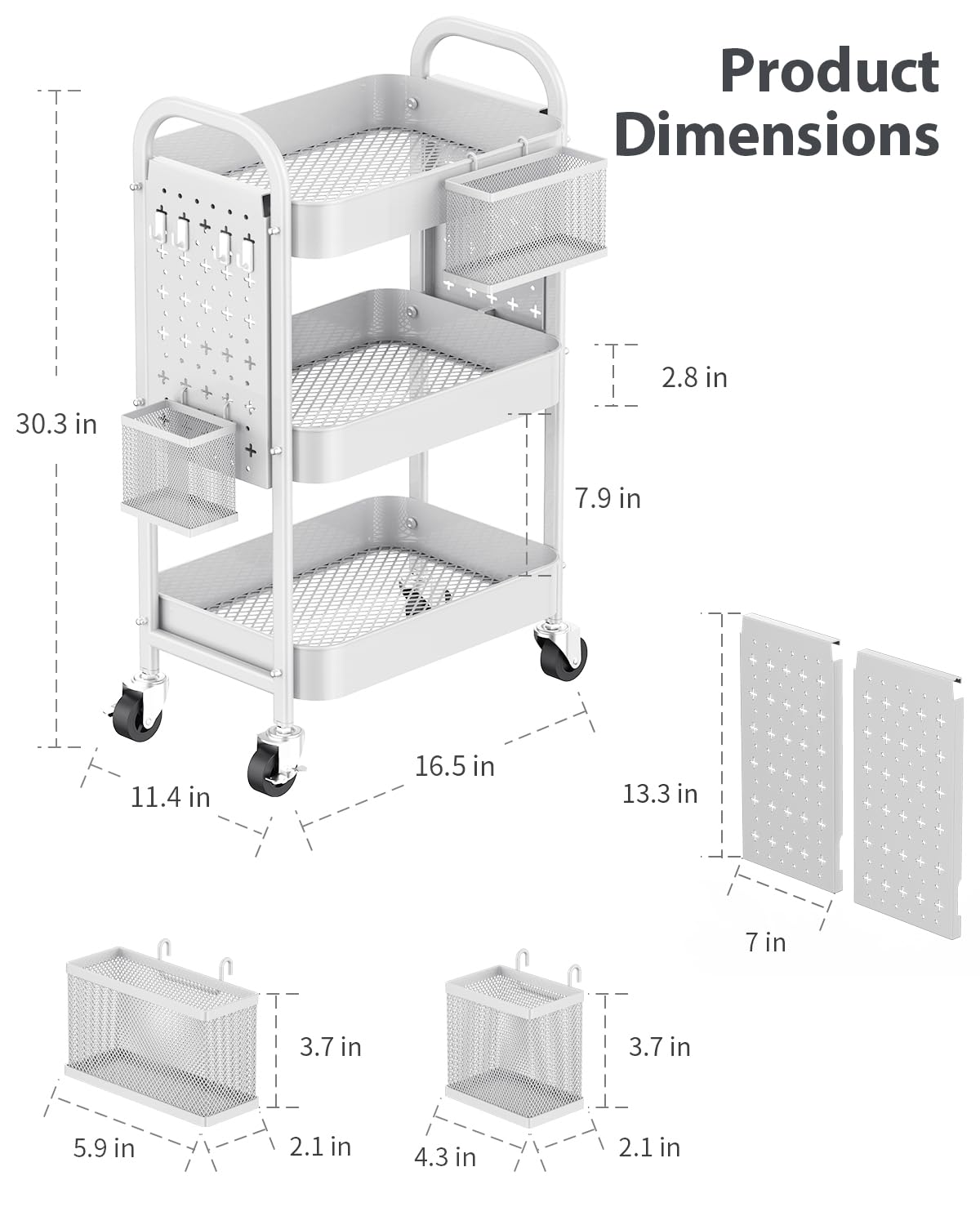 ALVOROG 3 Tier Rolling Cart with DIY Pegboards Metal Utility Cart with Wheels Handles Baskets Hooks, Storage Cart for Office Kitchen Bathroom(White) ALVOROG
