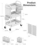 ALVOROG 3 Tier Rolling Cart with DIY Pegboards Metal Utility Cart with Wheels Handles Baskets Hooks, Storage Cart for Office Kitchen Bathroom(White) ALVOROG