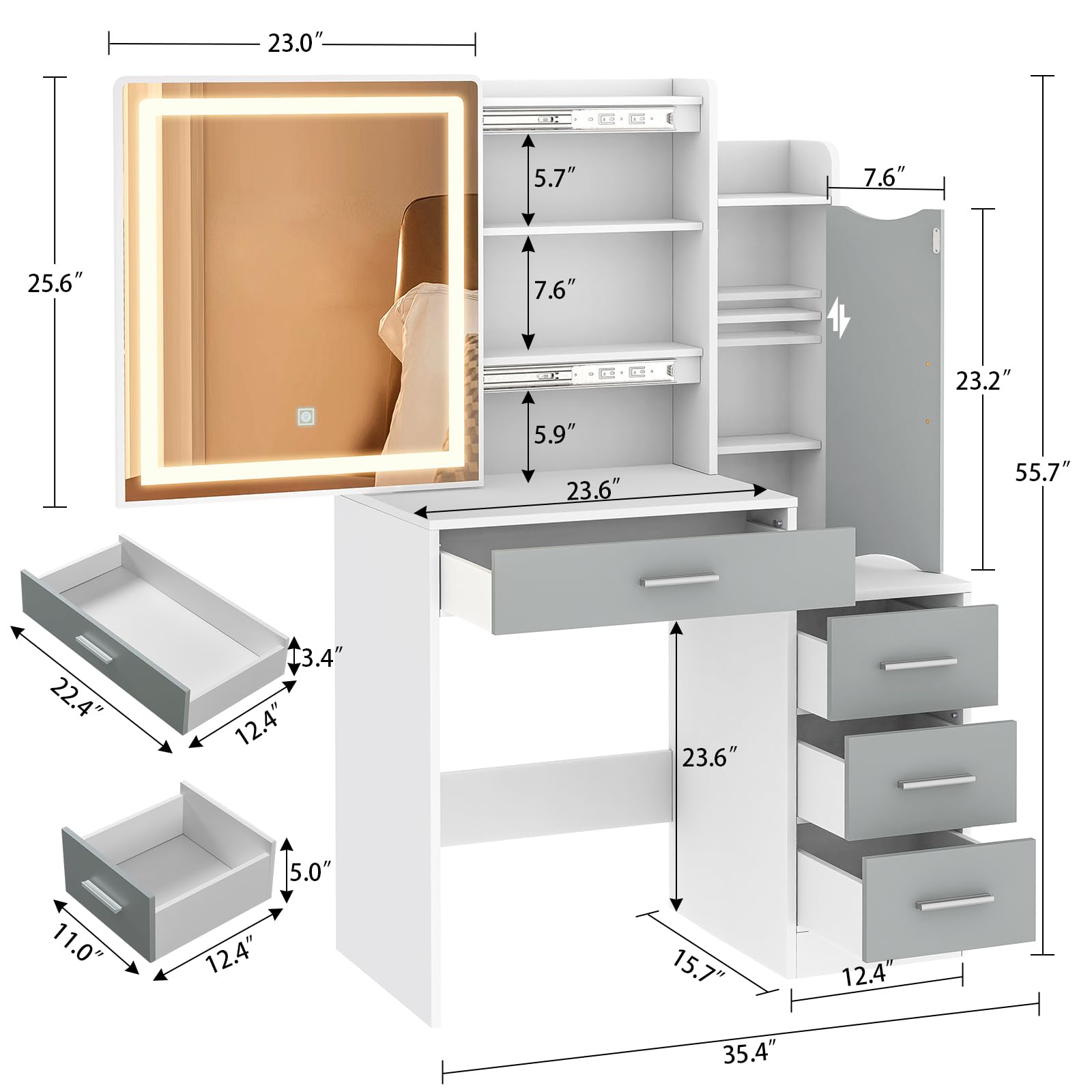 usikey Makeup Vanity Desk, Makeup Vanity Table with Sliding LED Lighted Mirror, Vanity Table with 4 Drawers & Cabinet, 3 Lighting Modes & Brightness Adjustable, Bedroom Dressing Table, White  - WoodArtSupply