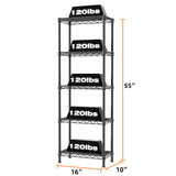 SINGAYE 5 Tier Shelf Wire Shelving Adjustable Storage Shelves Rack Standing Units for Kitchen Closet Laundry Bathroom Organizers Metal Pantry Narrow Mesh Gaps 10" D x 16" W x 55" H Black SINGAYE