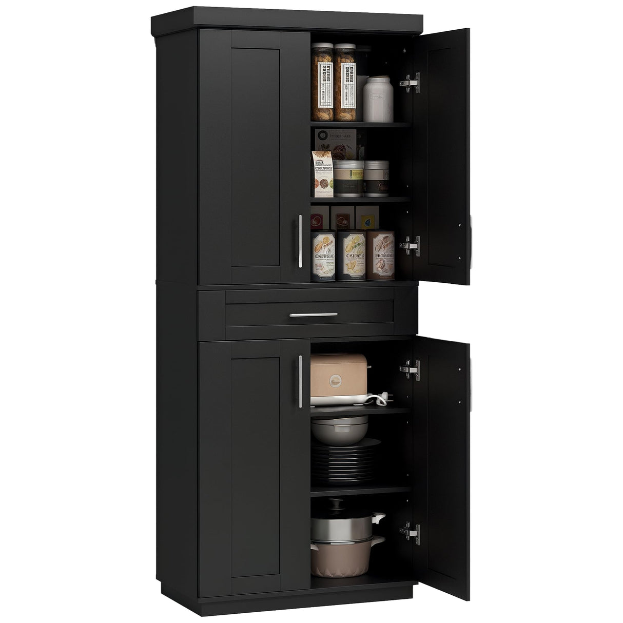 HOMCOM 72" Kitchen Pantry Cabinet, Freestanding Tall Storage Cabinet with 4 Doors, Drawer and 3 Adjustable Shelves for Dining Room, Black HOMCOM