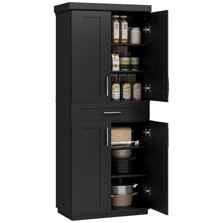 HOMCOM 72" Kitchen Pantry Cabinet, Freestanding Tall Storage Cabinet with 4 Doors, Drawer and 3 Adjustable Shelves for Dining Room, Black HOMCOM