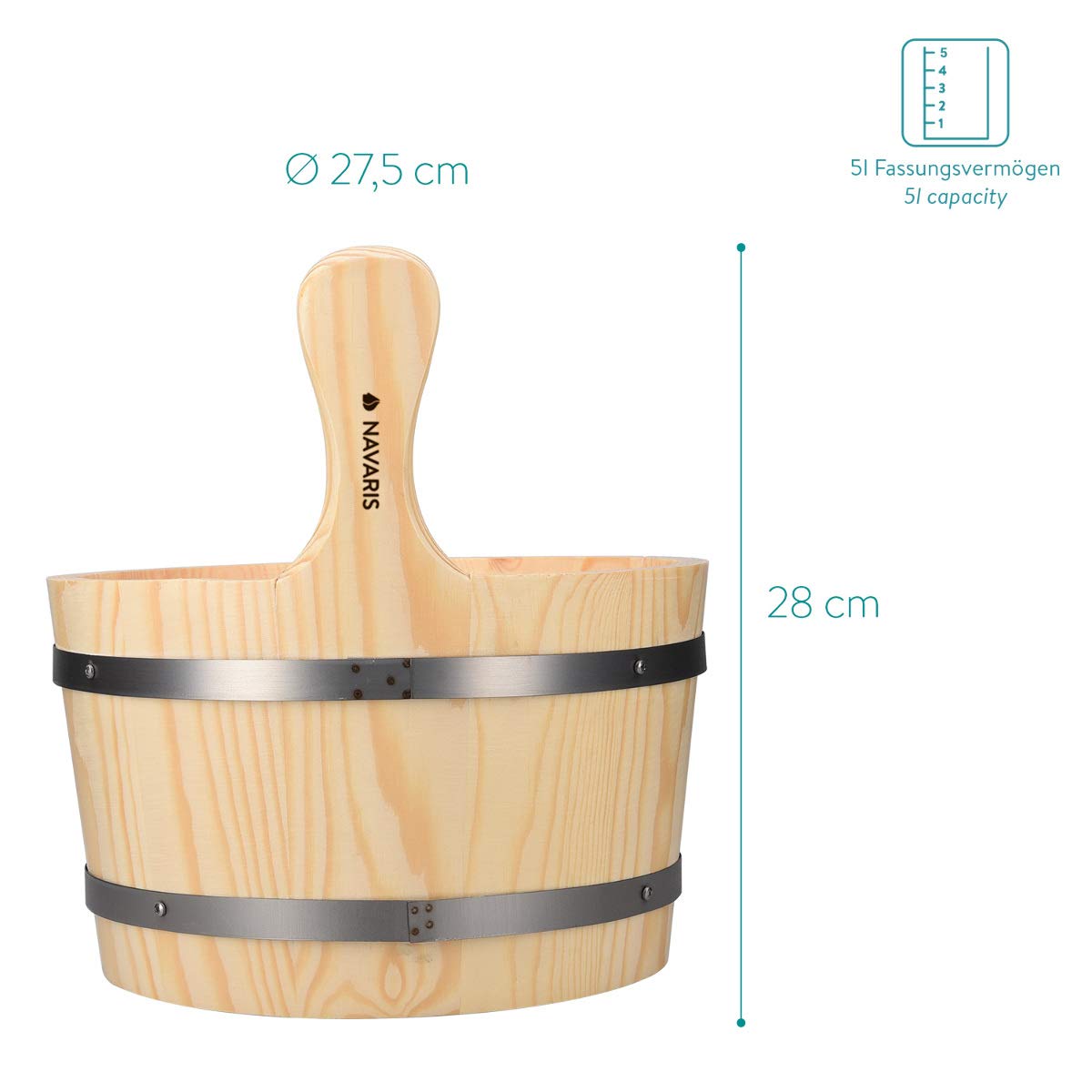 Navaris Wooden Sauna Bucket with Ladle - Essential Spa Accessory for Steam Room with 1.3 Gallon Pine Wood Bucket, Plastic Liner, Ladle, Sand Timer