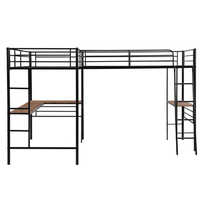 MERITLINE Metal Twin Size L-Shaped Loft Bed, Twin Size Loft Bed Frame with Two Built-in Desks Underneath for Kids Boys Teens, Black