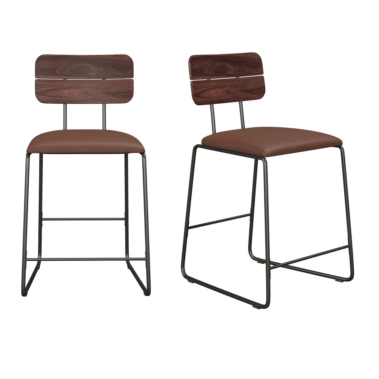 Walker Edison Modern 2-Piece Minimalist Counter Stools with Wooden Back, Set of 2, Brown Walker Edison