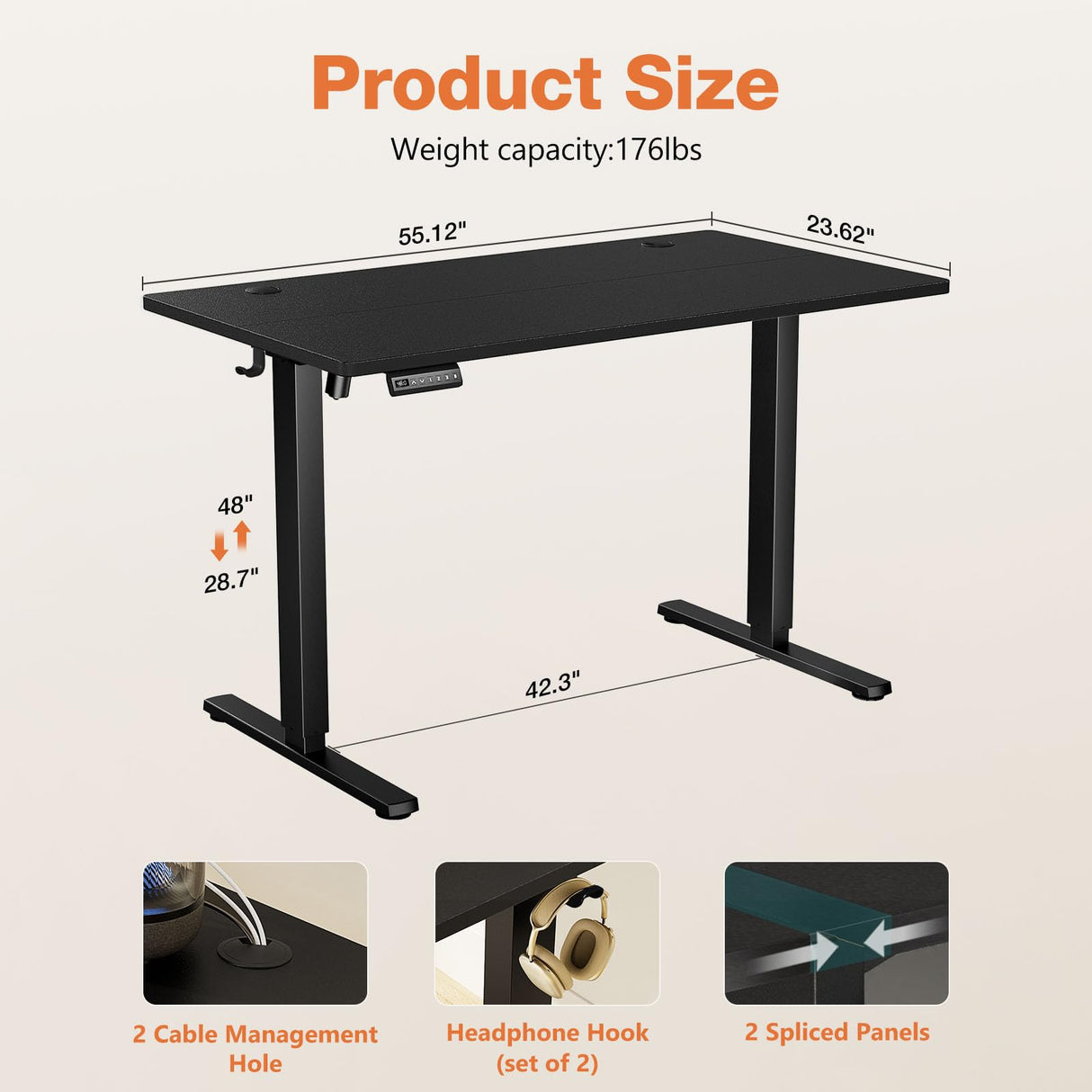 Sweetcrispy Electric Adjustable Height Standing Desk - 55 x 24 inch Sit to Stand Up Desk with Splice Board, Rising Home Office Computer Table with 2 Hook and Wire Hole for Work Sweetcrispy