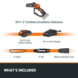 Worx 20V 5" Mini Cordless Chainsaw, 3.9 lbs, 22 ft/s Chain Speed, Power Share Battery, Upper & Hand Guard WG324 - Battery & Charger Included WORX