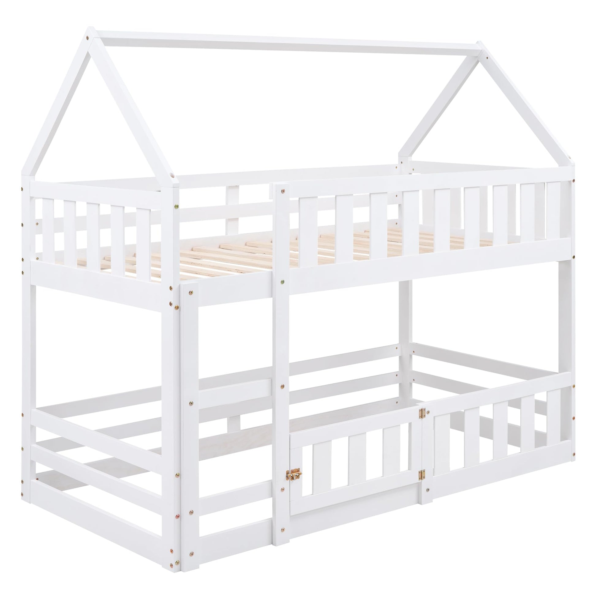 SOFTSEA Solid Wood Twin Over Twin House Bunk Bed with Guardrails and Playful Design - WoodArtSupply