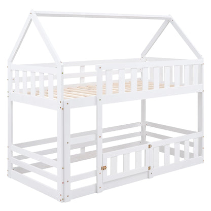 SOFTSEA Solid Wood Twin Over Twin House Bunk Bed with Guardrails and Playful Design - WoodArtSupply