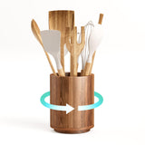 WDT Tool 7.2" Utensil Holder for Kitchen Counter Large Round Utensils Holder with Wooden Base Matte Black Cooking Utensil Holder，Kitchen Countertop Utensil Organizer (Rotating+Wooden) WDT Tool