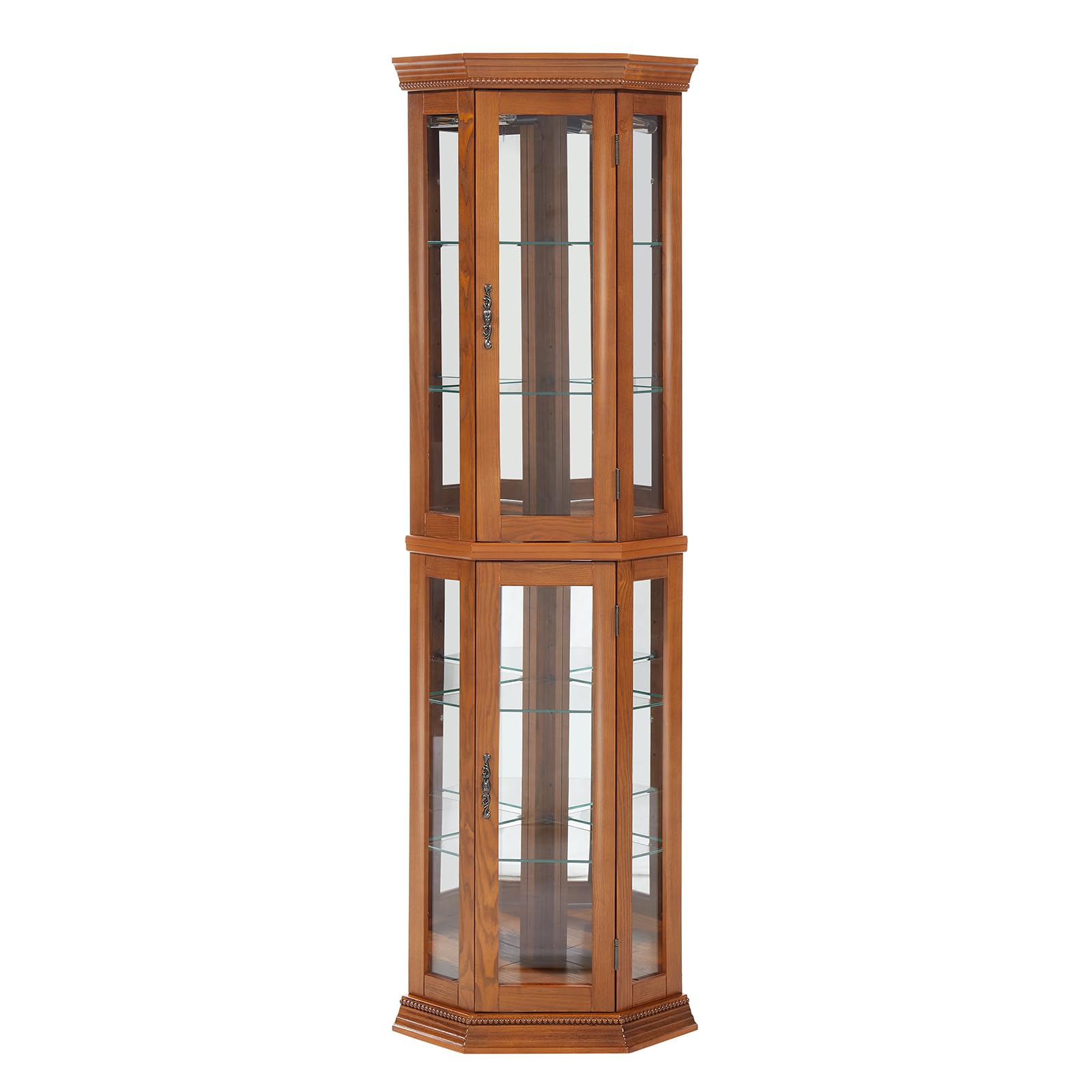 MONRAIN Lighted Curio Cabinet Corner Display Case for Living Room, China Hutch with Tempered Glass Doors and Shelves, Wooden Accent Cabinet, Bar and Liquor Storage Area - Flat bead (Oak) - WoodArtSupply