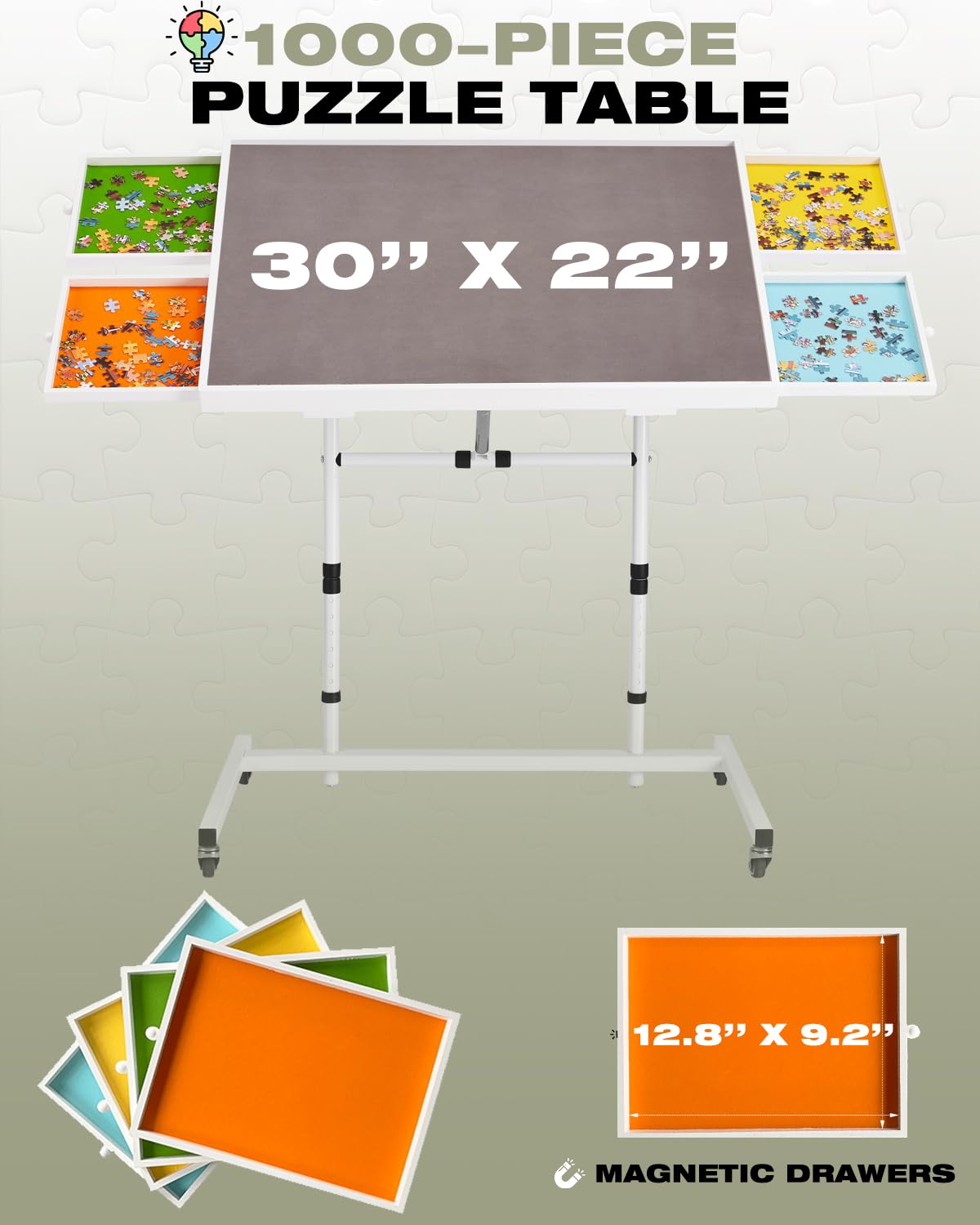 1000 Piece Tilting Jigsaw Puzzle Board with Drawers and Cover, Movable Jigsaw Puzzle Table with Wheels for Adults, Angle and Height Adjustable, 30''x22'' Velvet-Lined Tabletop and Color-Coded Drawers XIJ