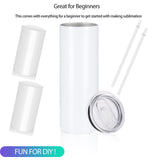 YOUKE OLA 24 Pack Sublimation Tumblers Straight Skinny Blanks 20oz for Heat Transfer, Individual Gift Boxed, Double Wall Insulated Tumbler with Shrink Wrap Films & Heat Tape & Straws, White YOUKE OLA