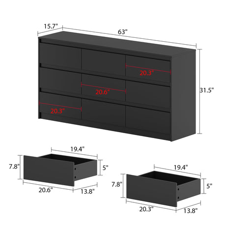 Homsee 9 Drawers Double Dresser, Modern Wood Dresser Chest of Drawers with Large Storage Space for Bedroom, Black (63”L x 15.7”W x 31.5”H) Homsee
