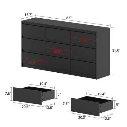 Hitow 9 Drawer Dresser for Bedroom with Deep Drawers, Large Floor Wood Dressers & Chest of Drawers Handle Free, Modern Black Long Dressers for Closet Living Room (63" W x 15.7" D x 31.5" H) - WoodArtSupply