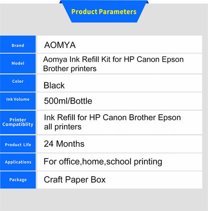 Aomya Ink Refill Kit 250ml Black Universal Dye Bulk Ink for Canon HP Epsn Brother Inkjet Printers Refillable Cartridge CISS CIS System (9 oz) with Syringe&Glove…