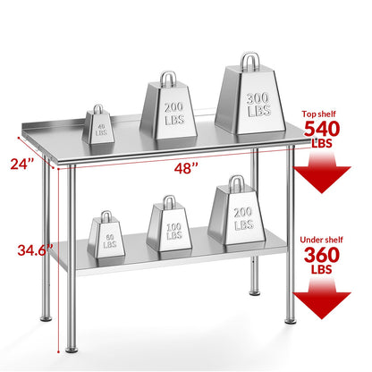 Atelicf Stainless Steel Table for Work, 24 * 48 Inch, High Load Bearing with Undershelf and Backsplash for Outdoor, Restaurants, Hotels, Workshops, Kitchens, Garages and Gardens