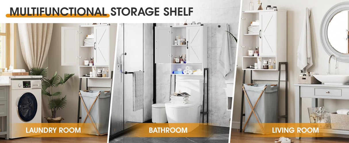 Over Toilet Storage with 2-Door Design Over The Toilet Storage Cabinet with Shelves Bathroom Organizers and Storage with Anti-Tip Device Over Toilet Organizer for Bathroom,Restroom,Laundry White Vabches