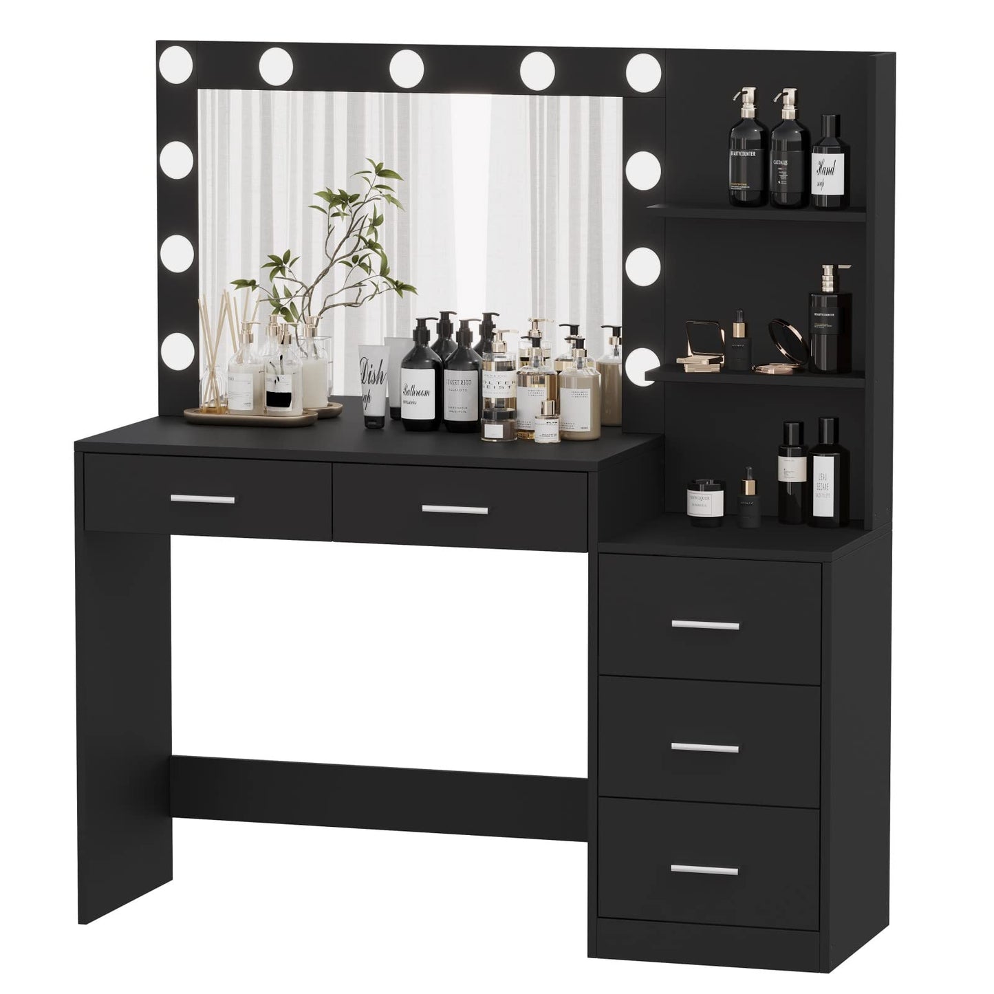 Rovaurx 46.7" Makeup Vanity Table with Lighted Mirror, Large Vanity Desk with Storage Shelf & 5 Drawers, Bedroom Dressing Table, 11 LED Lights, Black