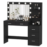 Rovaurx 46.7" Makeup Vanity Table with Lighted Mirror, Large Vanity Desk with Storage Shelf & 5 Drawers, Bedroom Dressing Table, 11 LED Lights, Black Rovaurx