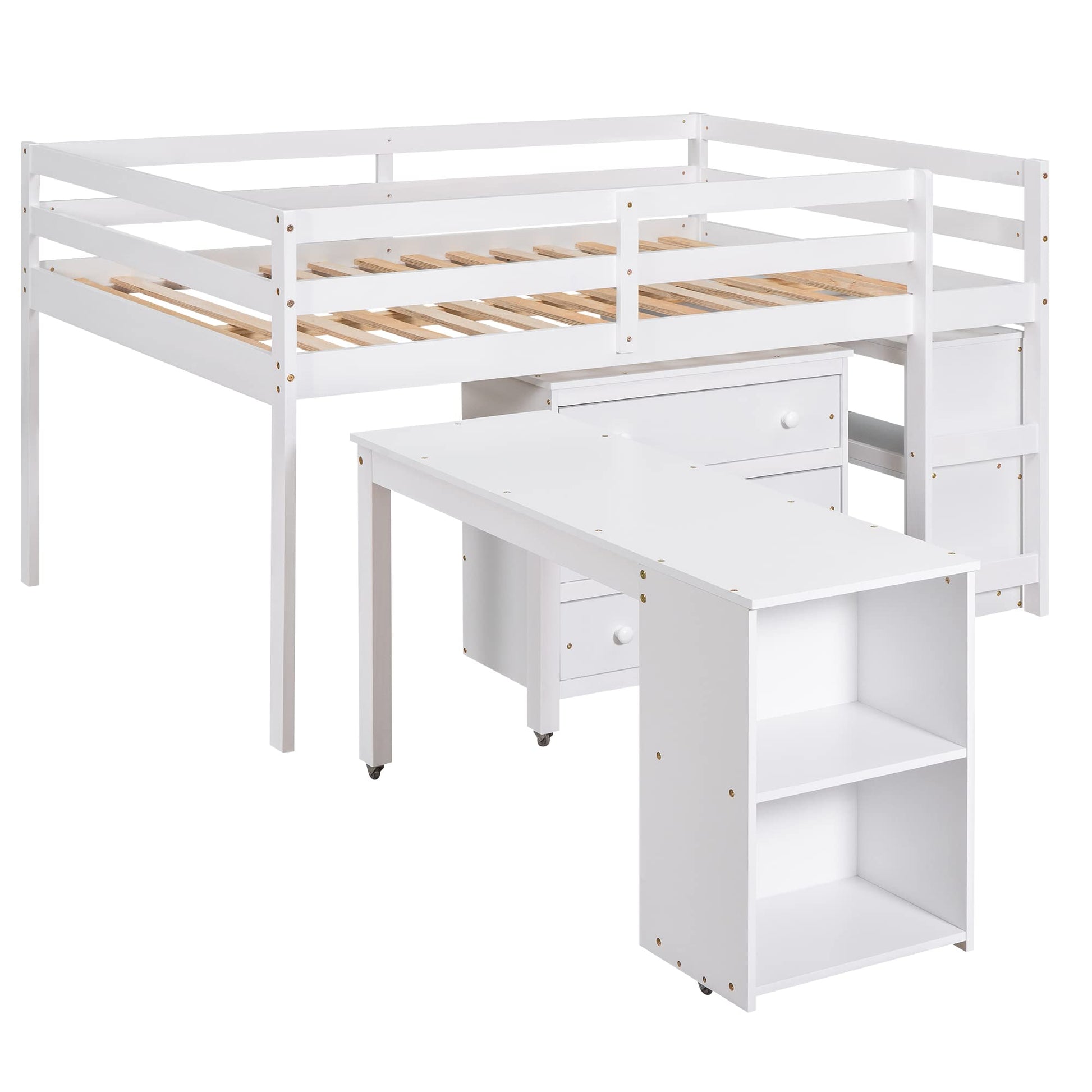 Merax Pure White Twin Low Loft Bed with Integrated Desk, Storage Cabinet & Bookshelf - WoodArtSupply