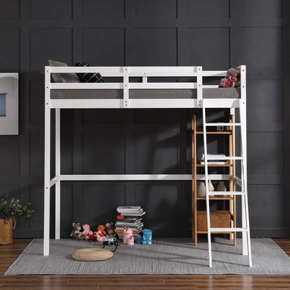 JOYMOR Twin High Loft Bed Frame - Space-Saving Wooden Bed for Kids and Teens, No Box Spring Needed, White - WoodArtSupply