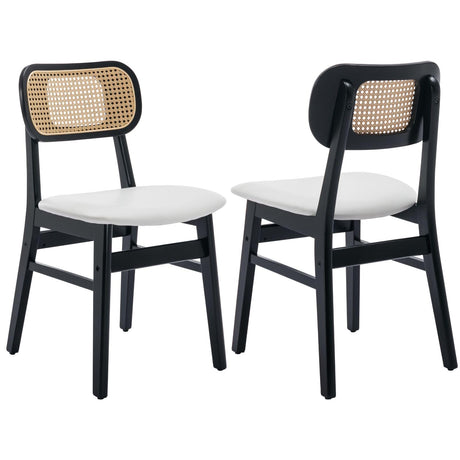 ROCITY Rattan Dining Chairs Set of 2 Black Wooden Dining Room Chairs White Faux Leather Kitchen Chairs with Back Farmhouse Side Chairs ROCITY