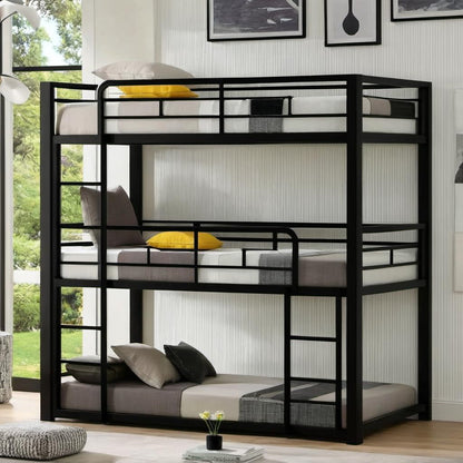 UOCFYK Metal Triple Bunk Bed with Built-in Ladder, Full Over Full Over Full Bunkbeds with Full-Length Guardrail for Kids/Teen/Adults, No Box Spring Needed, Easy Assembly, Black