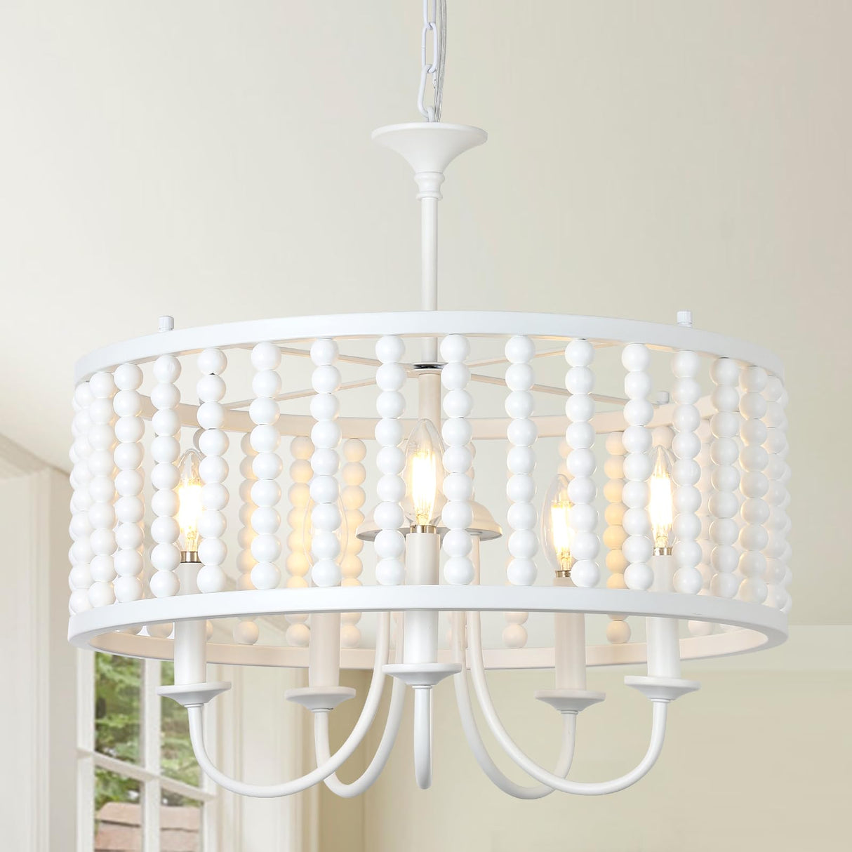 LAMSU Farmhouse Chandeliers for Dining Room, 5-Light Boho Wood Chandelier Light Fixture with Solid Wooden Beaded Shade, Modern Drum Chandeliers for Living Room Kitchen Island Bedroom Foyer, White LAMSU