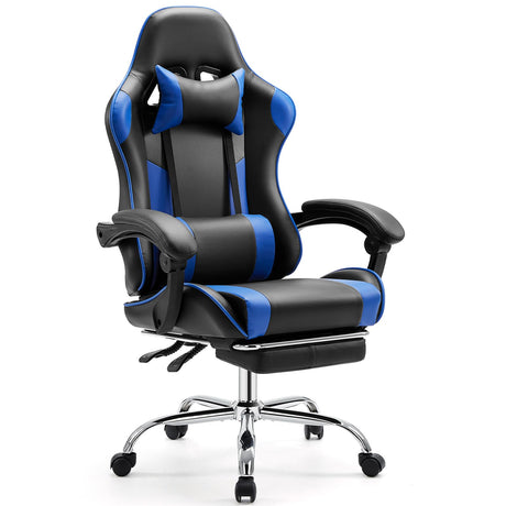 Sweetcrispy Video Game Desk Chair - Ergonomic Computer with Footrest and Comfy Lumbar Support, PU Leather Recliner with Headrest, Fixed Up Armrest, Height Adjustable with 360° Swivel, for Adults, Blue Sweetcrispy
