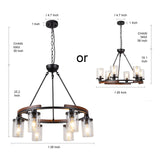 NSRCE 28 Inch Wagon Wheel Chandelier with Glass Shade, 6-Light Round Farmhouse Pendant Light Fixture for Dining Room Kitchen Foyer Entryways, Black Metal and Wood Finish NSRCE