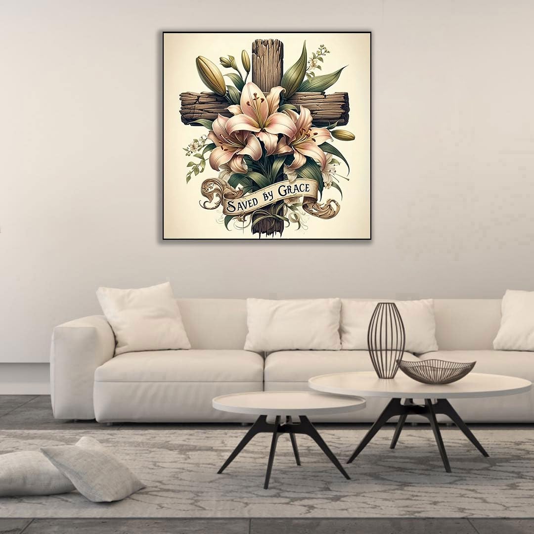 5D Cross Diamond Art Kits for Adults Beginners,DIY Full Round Drill Diamond Painting Kits Religious Cross With Lily Flowers, Paint by Diamonds Dot Gem Art Crystal Easy,Home Wall Decor 13.7X13.7Inch CHWGLFGG