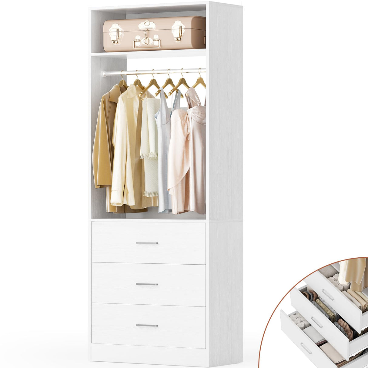 Besiost Freestanding 2FT Closet System with 3 Wood Drawers, 24" Closet Organizer System with Hanging Rod & Shelves, Walk-in Closet Systems for Small Closets, White (24"L x 15" W x 80" H) Besiost