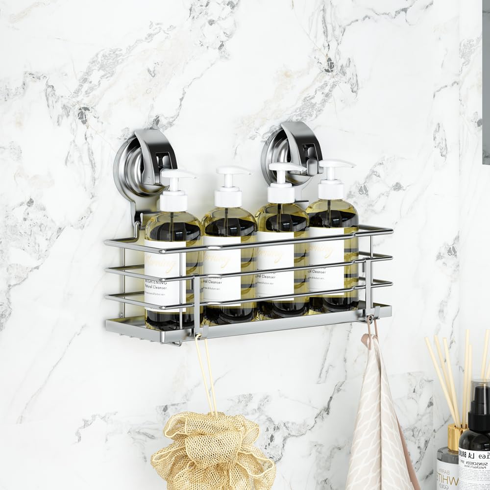 TESOT Suction Cup Shower Caddy, Shower Shelf Soap Dish with Hooks for Razor, Sponge, Rust Proof 304 Stainless Steel, Silver TESOT