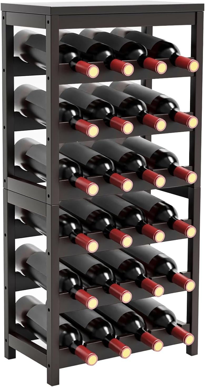 FoverOne 24-Bottle Wine Rack Freestanding Floor, 6-Tier Bamboo Wine Display Rack Storage Shelf with Table Top for Kitchen Dining Room Bar Cellar - Dark Brown FoverOne