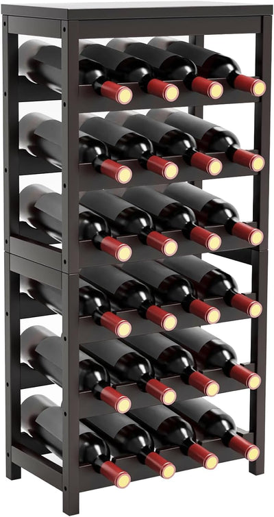 FoverOne 24-Bottle Wine Rack Freestanding Floor, 6-Tier Bamboo Wine Display Rack Storage Shelf with Table Top for Kitchen Dining Room Bar Cellar - Dark Brown
